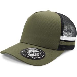 A green and black striped trucker cap with mesh panels and a logo.