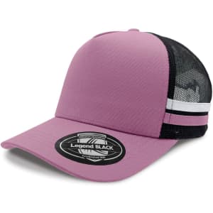 A pink striped trucker cap with a black mesh back and a logo on the front.
