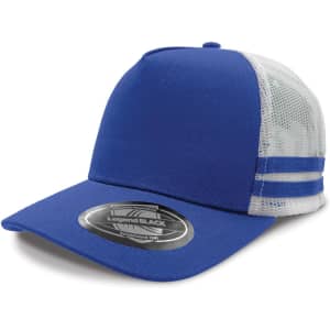 A blue striped trucker cap with a mesh back and a branded tag on the front.