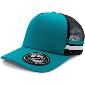 A turquoise trucker cap with a black mesh back and white stripes. It has a logo on the front.