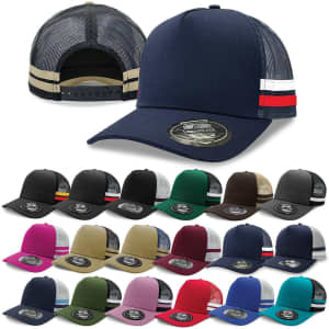 A collection of trucker caps featuring various colours, with a logo on each cap. The front shows a navy cap with striped accents.