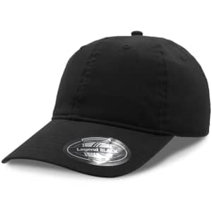 A black cap with a curved brim and an adjustable strap at the back, featuring a logo on the side.