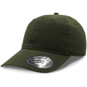 A dark green cap with a curved brim and a branded sticker on the underside.