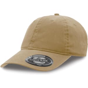 A khaki cap with a curved brim and a logo on the front. Suitable for casual wear.
