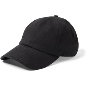 A black linen cap with a curved brim and a back adjustment feature, featuring a branding logo.
