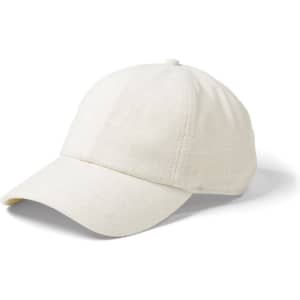 A white linen cap featuring a rounded crown and a curved brim, complete with a logo.