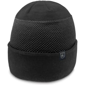 A black beanie featuring a textured mesh design and a folded cuff, complete with a logo.