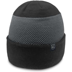 A black and grey beanie with a textured middle section and a folded cuff featuring a logo.