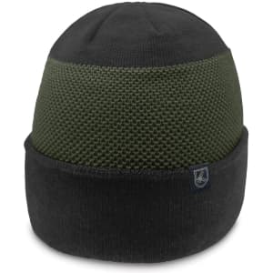 A beanie featuring a textured olive green panel and a black lower section, complete with a branding tag.