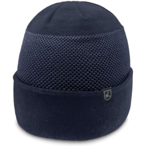 A navy beanie with a textured design and a fold-over cuff, featuring a small logo.
