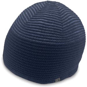 A navy striped beanie with a logo, designed for headwear.