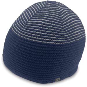 A navy blue beanie with horizontal stripes and a small logo on the side.