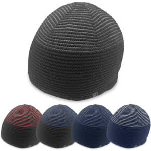 A collection of beanies in various colours including black, navy, and striped patterns, with a logo on each.
