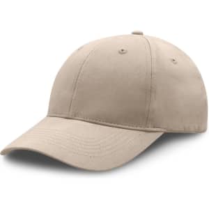 A beige premium soft cotton cap featuring a classic baseball cap design and a logo on the side.