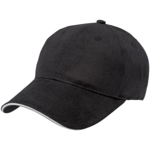 A black cap featuring a sandwich peak design, with a contrasting trim and a logo on the front.