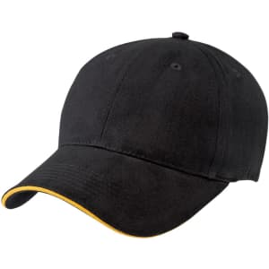 A black cap with a yellow accent on the brim and a logo on the front. Suitable for casual wear.