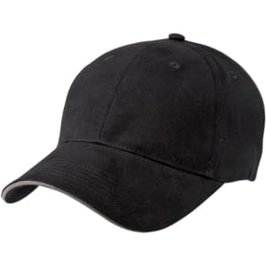 A black cap with a rounded peak and a subtle under-brim detail. It has a branding logo on it.