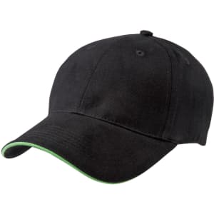A black cap with a contrasting green peak and an adjustable strap, featuring ventilation holes and a logo.