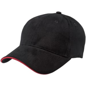 A black cap with a red accent along the brim and a logo detailing on the front.