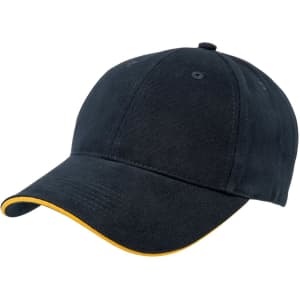 A dark green cap with a yellow brim, featuring a structured design and an adjustable strap at the back.