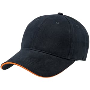 A black cap with an orange peak and detailing. It features stitching and ventilation holes.