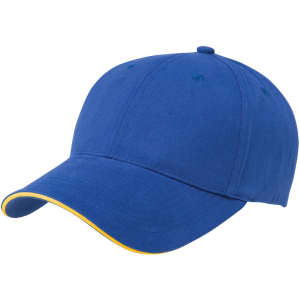 A blue cap with a soft sandwich peak and yellow trim, featuring a logo on the front.