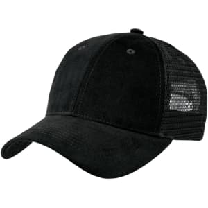 A black premium soft mesh cap with a solid front and mesh back, featuring a curved peak and a logo.