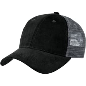 A black premium soft mesh cap with a grey mesh back and a curved brim, featuring a logo on the front.