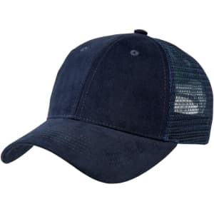 A navy blue premium soft mesh cap featuring a solid front panel and mesh side panels, with a logo.