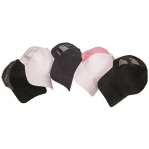 A collection of five premium soft mesh caps in black, white, pink, and two shades of grey, featuring varying angles.