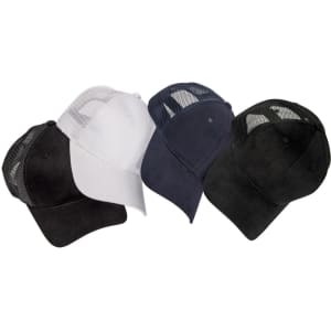 A collection of premium soft mesh trucker caps in black, navy, and white, featuring a logo on each cap.