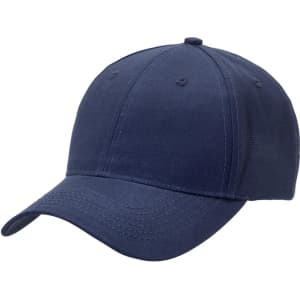 A navy blue cap featuring a structured design and a curved brim. It has a logo on the front.