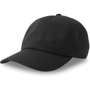 A black dad hat made from organic and recycled cotton, featuring a curved brim and an adjustable strap at the back.