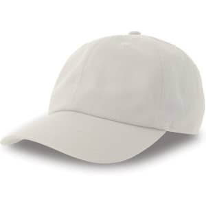 A light grey cap made from organic and recycled cotton, featuring a logo on the front.