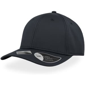A dark grey cap with a mid visor, featuring a logo on the side.