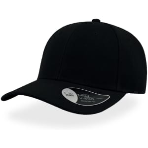 A black cap with a mid visor and a logo on the side.