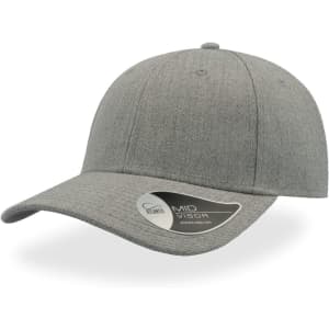 A grey cap with a mid visor, featuring a logo on the side.