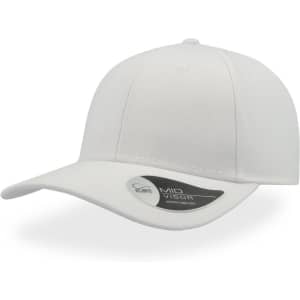 A white cap with a mid visor and a logo on the side.