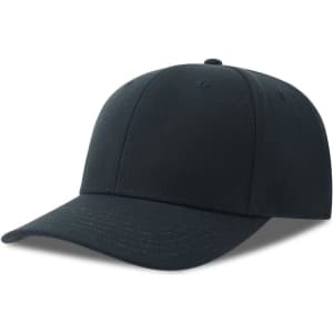 A black cap made from recycled polyester, featuring a structured design and a curved peak. It has a logo.