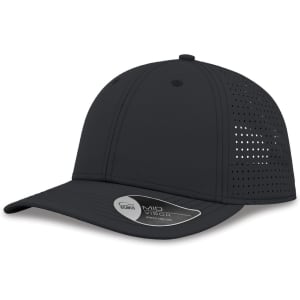 A black cap featuring perforated detailing on the sides, with a curved peak and an adjustable fit.