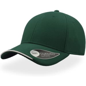 A green cap with a curved visor, featuring a logo on the side.