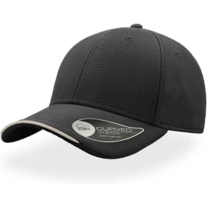 A black cap with a curved brim and a contrasting underside, featuring a logo on the side.