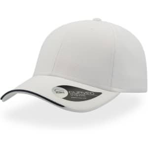 A white cap with a curved visor and a branding label on the side.