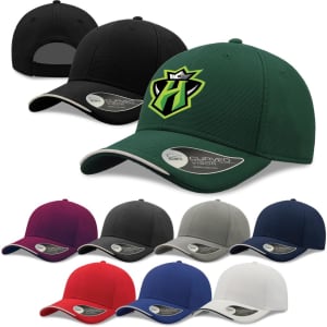 A selection of caps in various colours, including black, green, maroon, grey, and white, featuring a logo.
