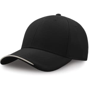 A black cap with a subtly contrasting peak and a logo on the front, made from recycled polyester.