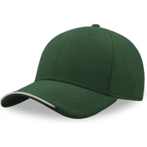 A green cap made from recycled polyester, featuring a slightly lighter coloured peak and a logo on the front.