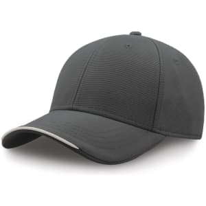 A grey cap made from recycled polyester with a curved brim and a logo on the front.