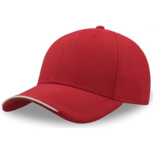 A red cap made from recycled polyester, featuring a simple design and a logo on the front.