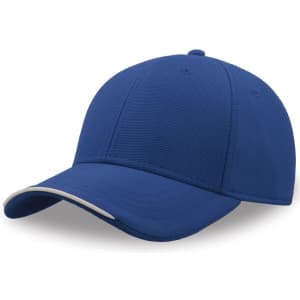A blue cap made from recycled polyester with a curved brim and a logo on the front.
