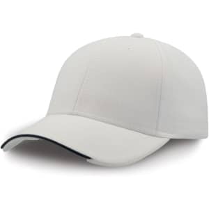 A light-coloured cap with a contrasting dark brim, made from recycled polyester, featuring a logo on the side.